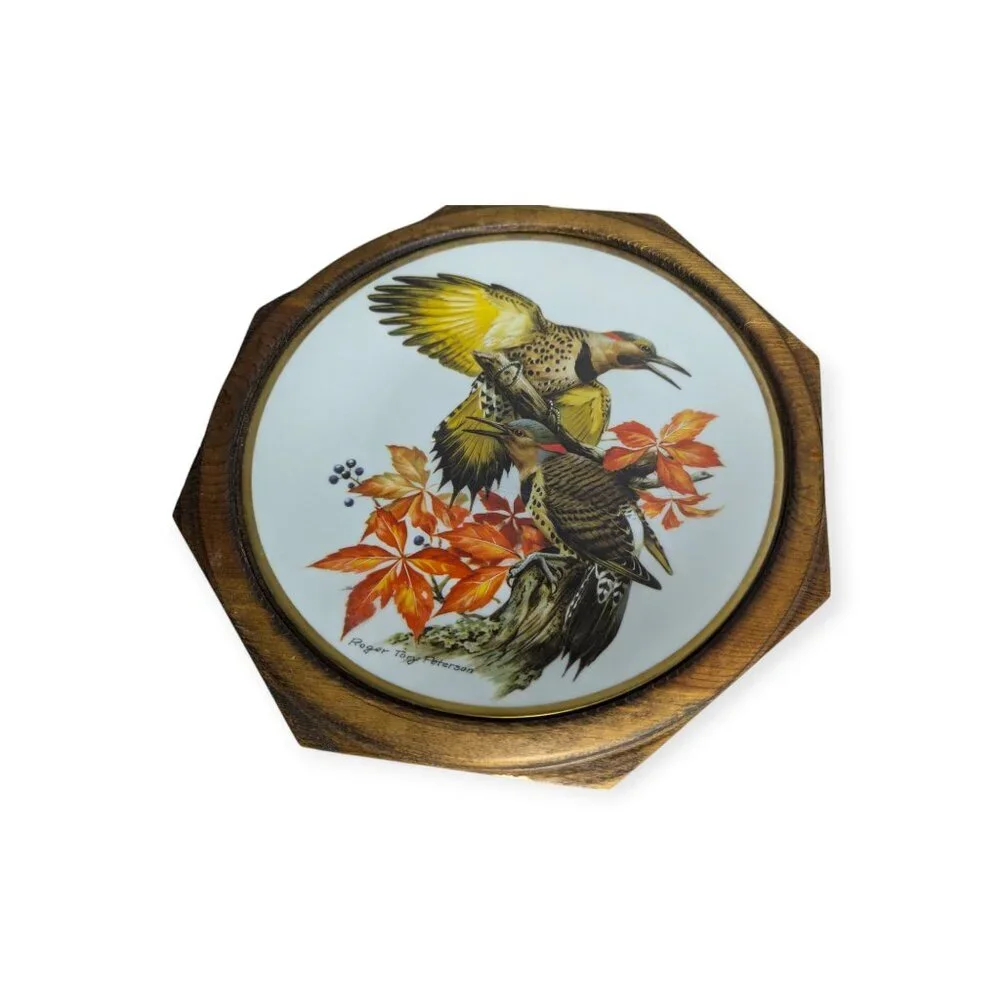 Vintage Roger Tory Peterson Flickers & Bluebird Ceramic Plates Framed 24 kt Gold